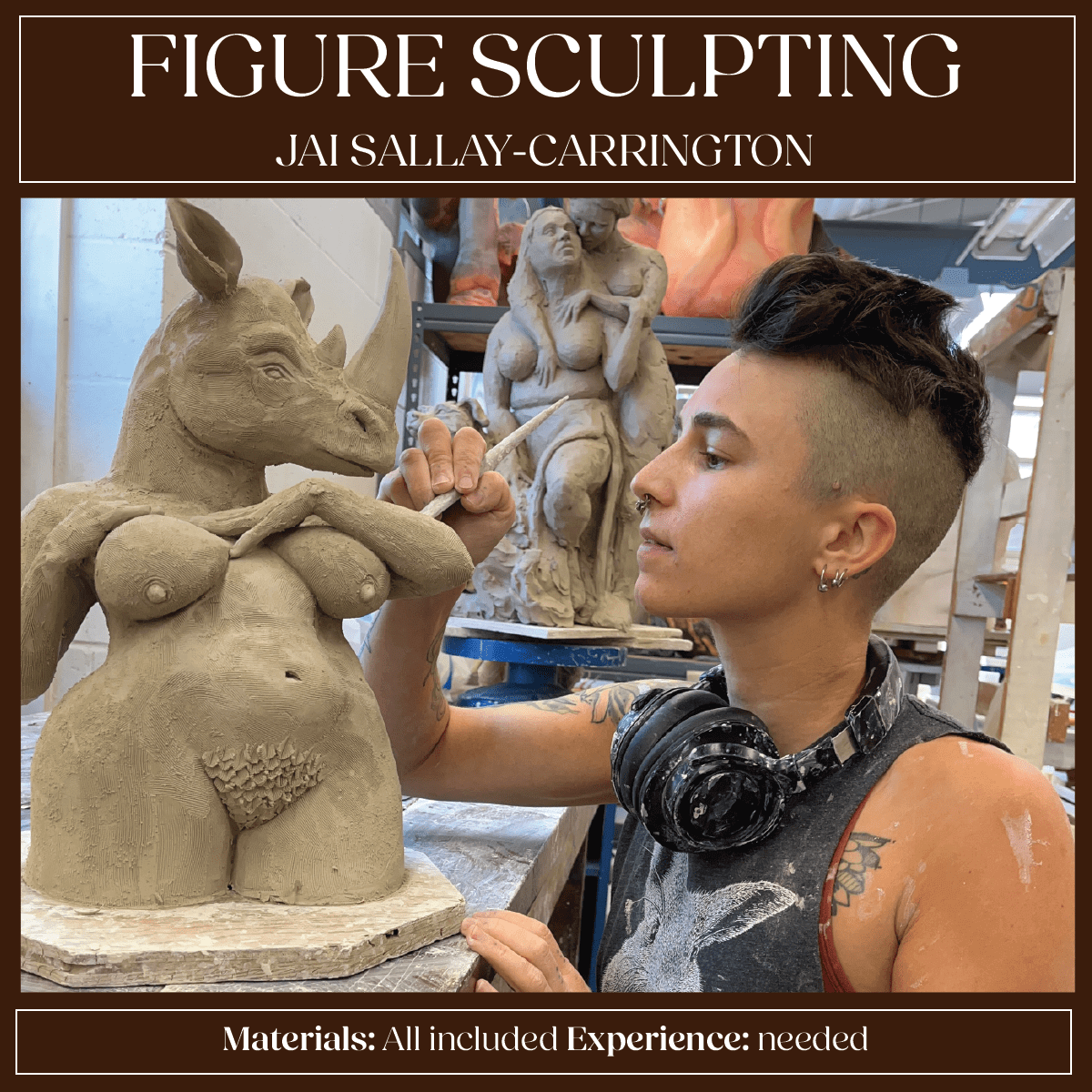 Jai Sallay-Carrington demonstrating figure sculpting in pottery workshop with a unique animal-headed figure.