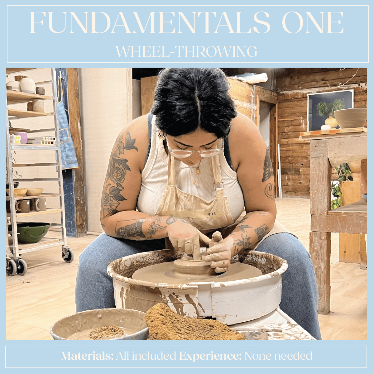 Student shaping clay on a pottery wheel during the Fundamentals 1 Wheel Throwing Class at Studio Fundamentals in Vancouver, designed for beginners exploring ceramic techniques.
