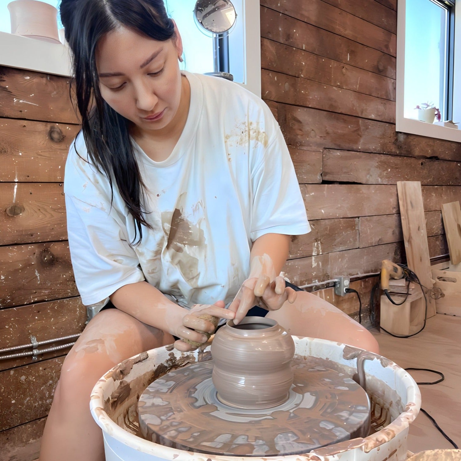 Student creating a more advanced shaped on the pottery wheel in our fundmentals two wheel throwing class at studio fundamentals